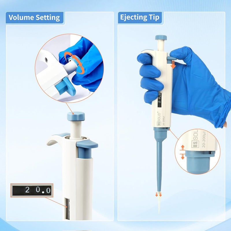U.S. Solid 20-200 μL Single Channel Pipette - Adjustable Scientific Micropipette High Accuracy Pipettor - Image 5